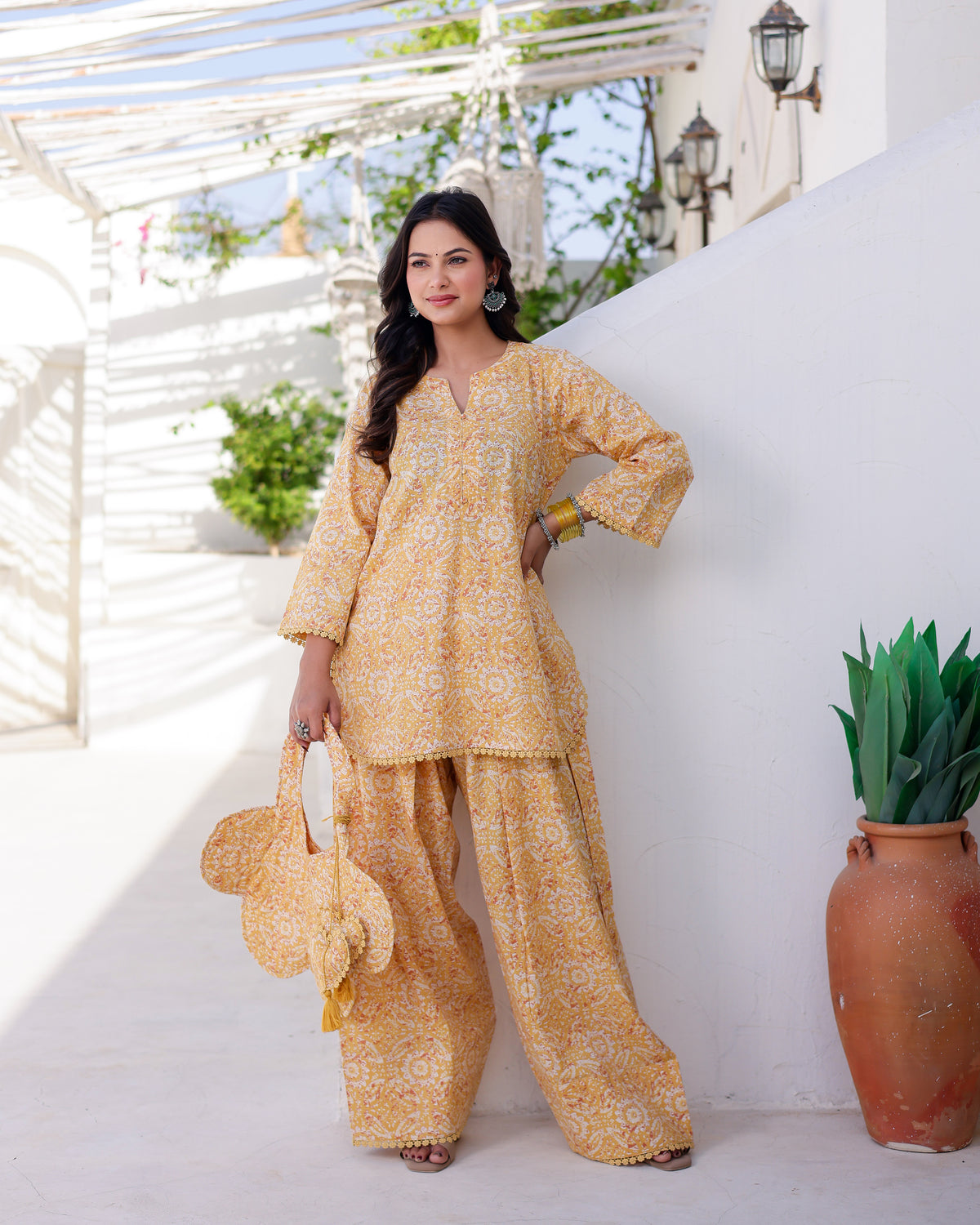 yellow hand block print salwar straight suit - Asrumo