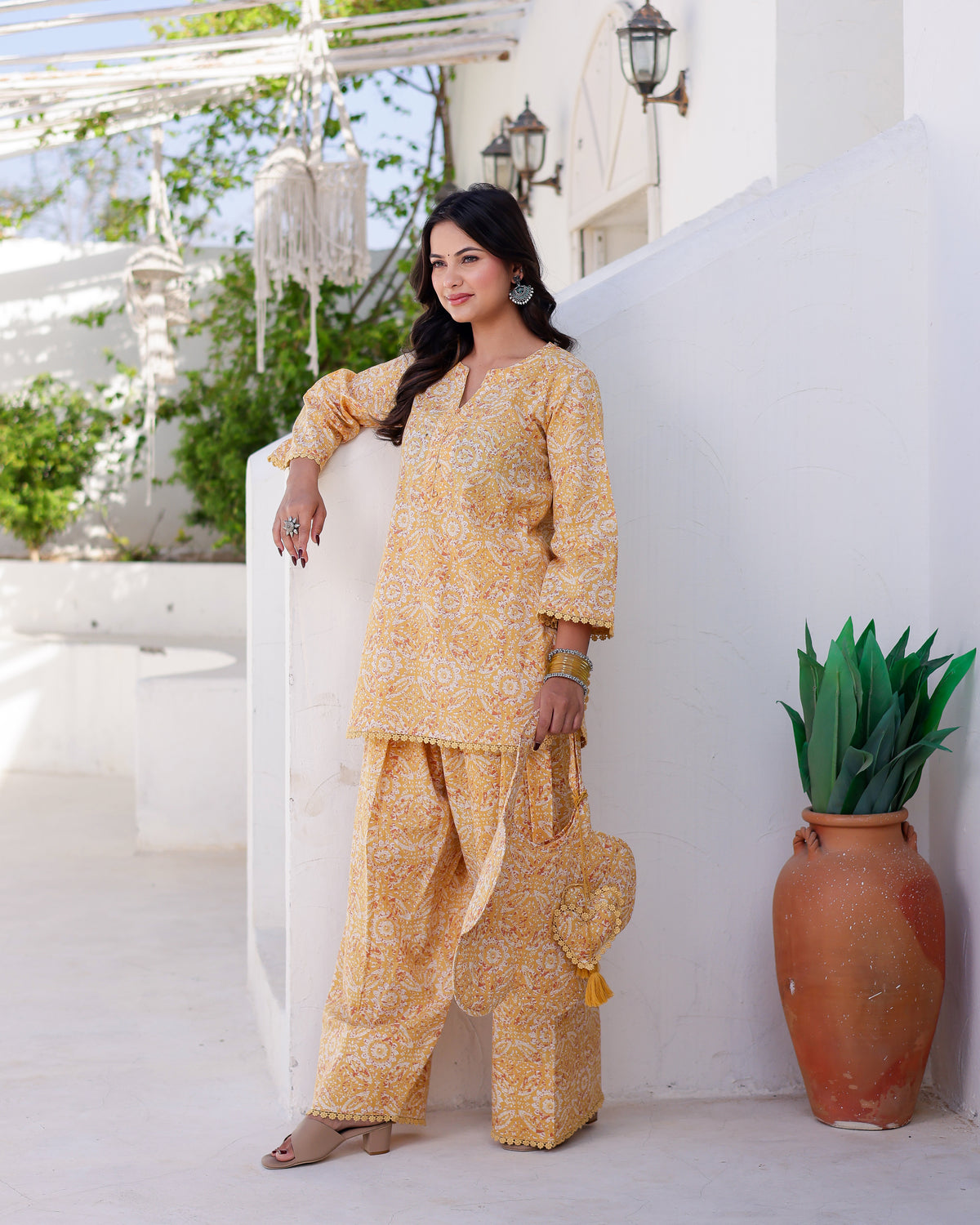 yellow hand block print salwar straight suit - Asrumo