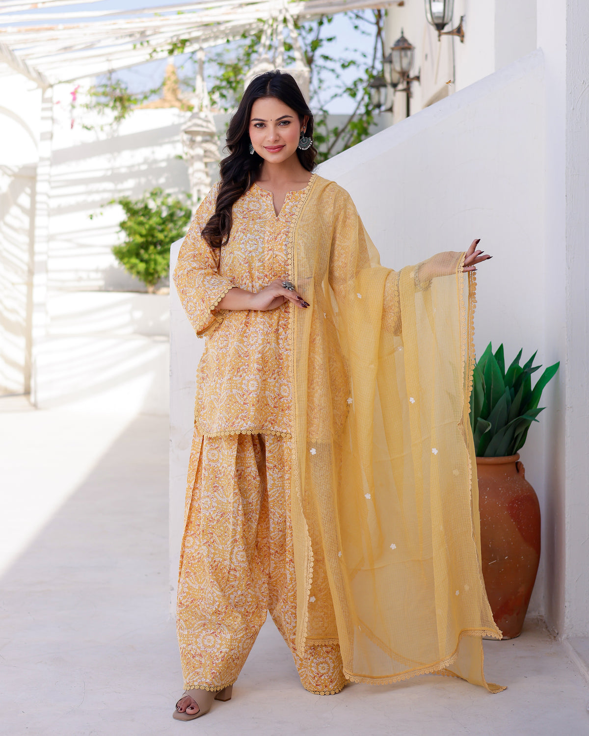 yellow hand block print salwar straight suit - Asrumo