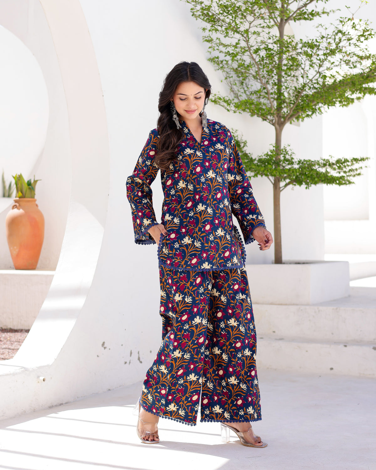Navy blue cotton handblock co-ord set for women - Asrumo