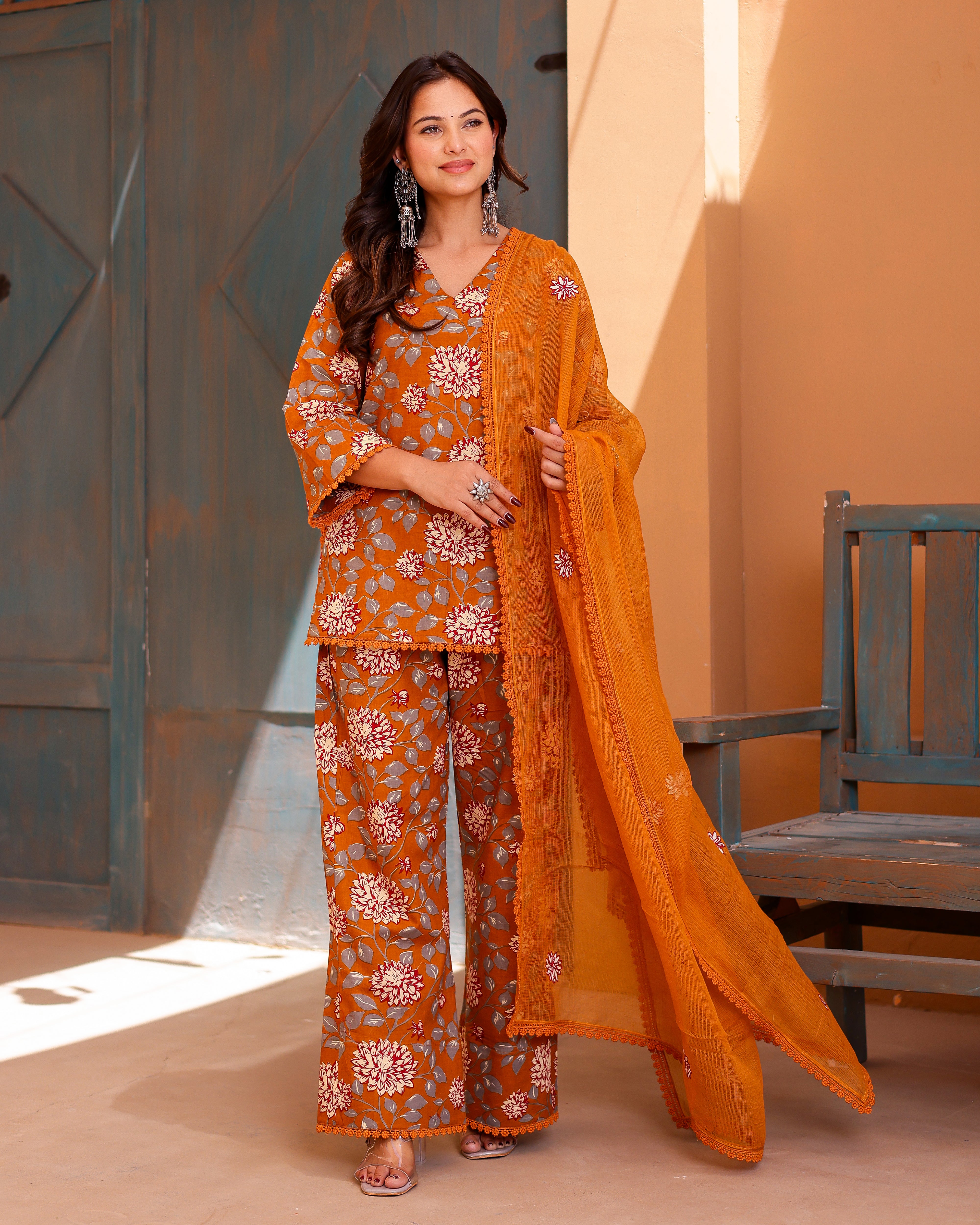 Mustard Floral Handblock Straigh Suit Set - 001A0785.JPG