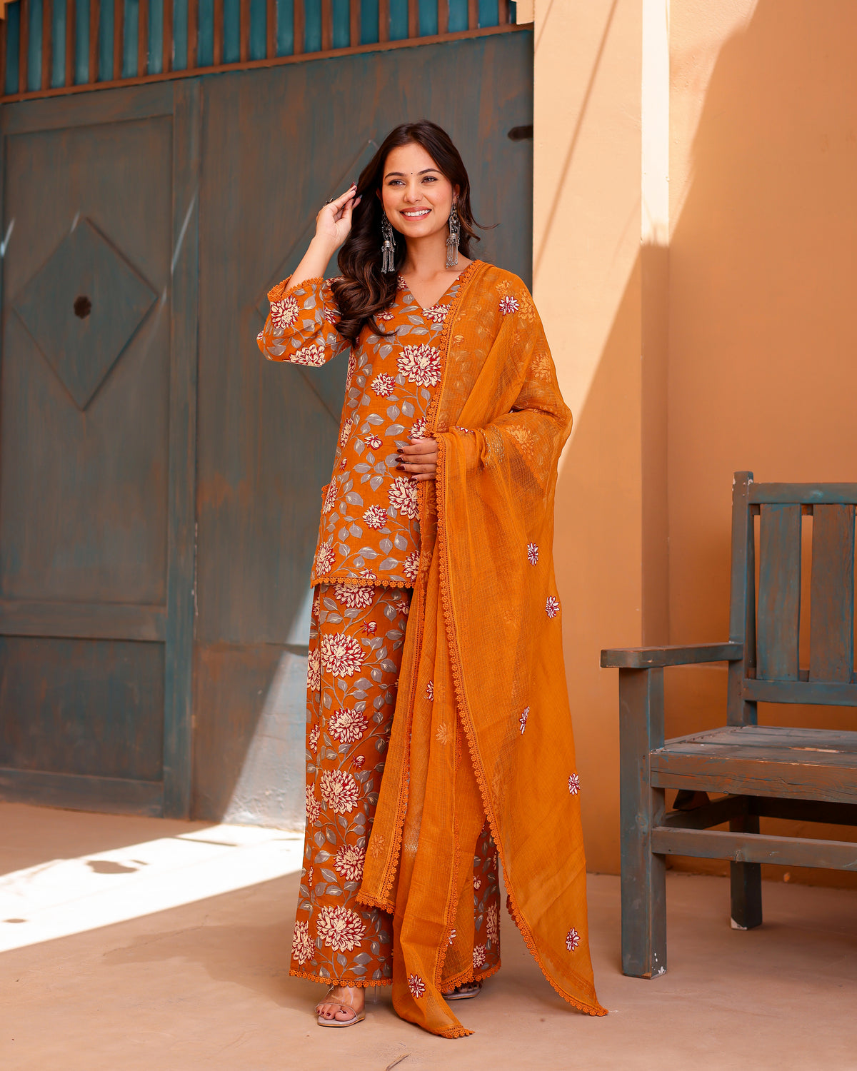 Mustard Floral Handblock Suit Set