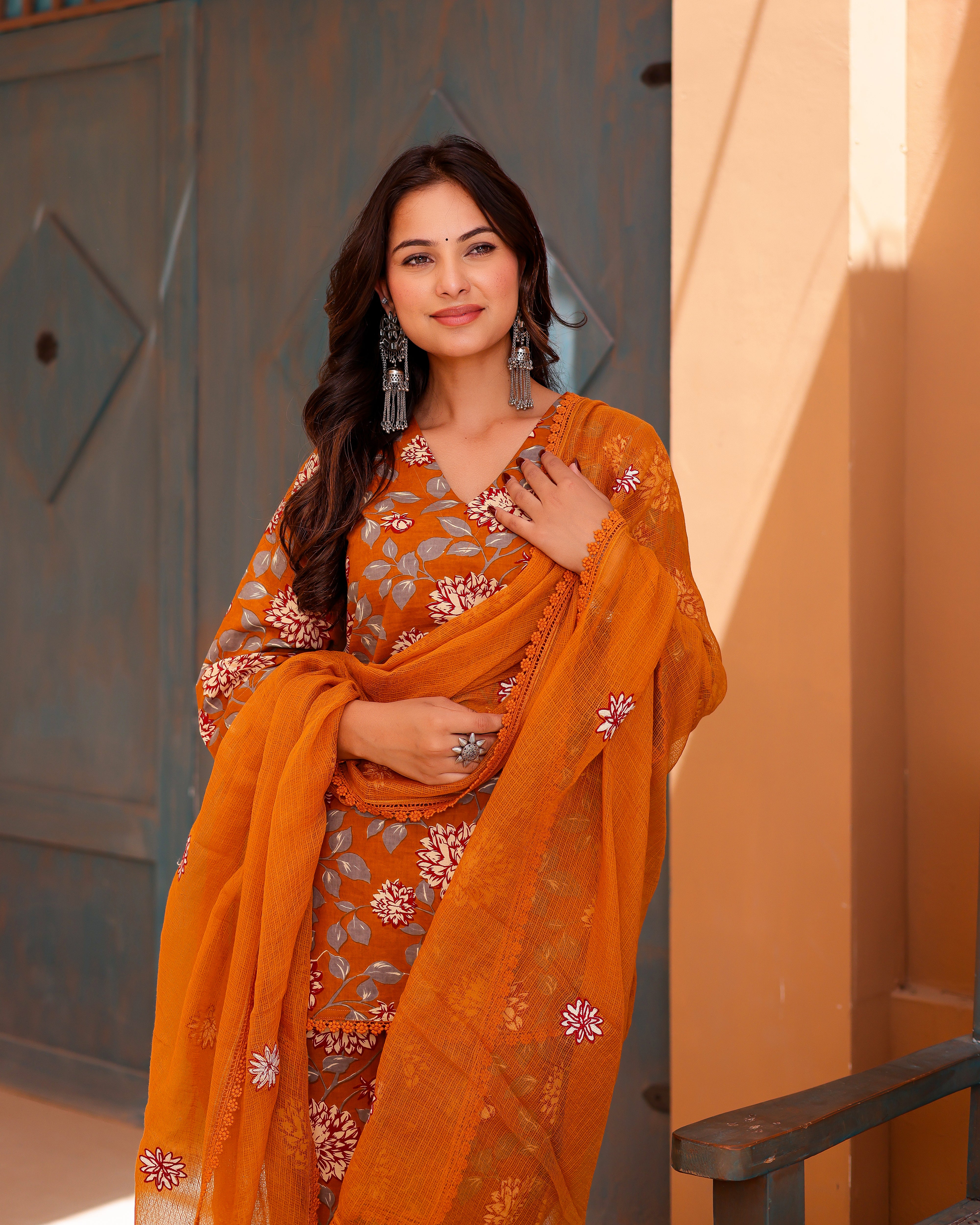 Mustard Floral Handblock Straigh Suit Set - 001A0791.JPG
