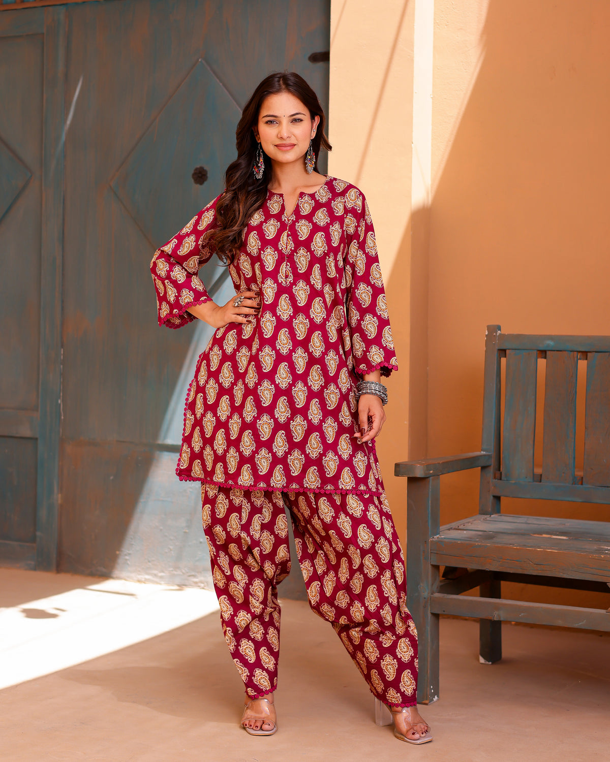 magenta paisley handblock kurta suit set - Asrumo