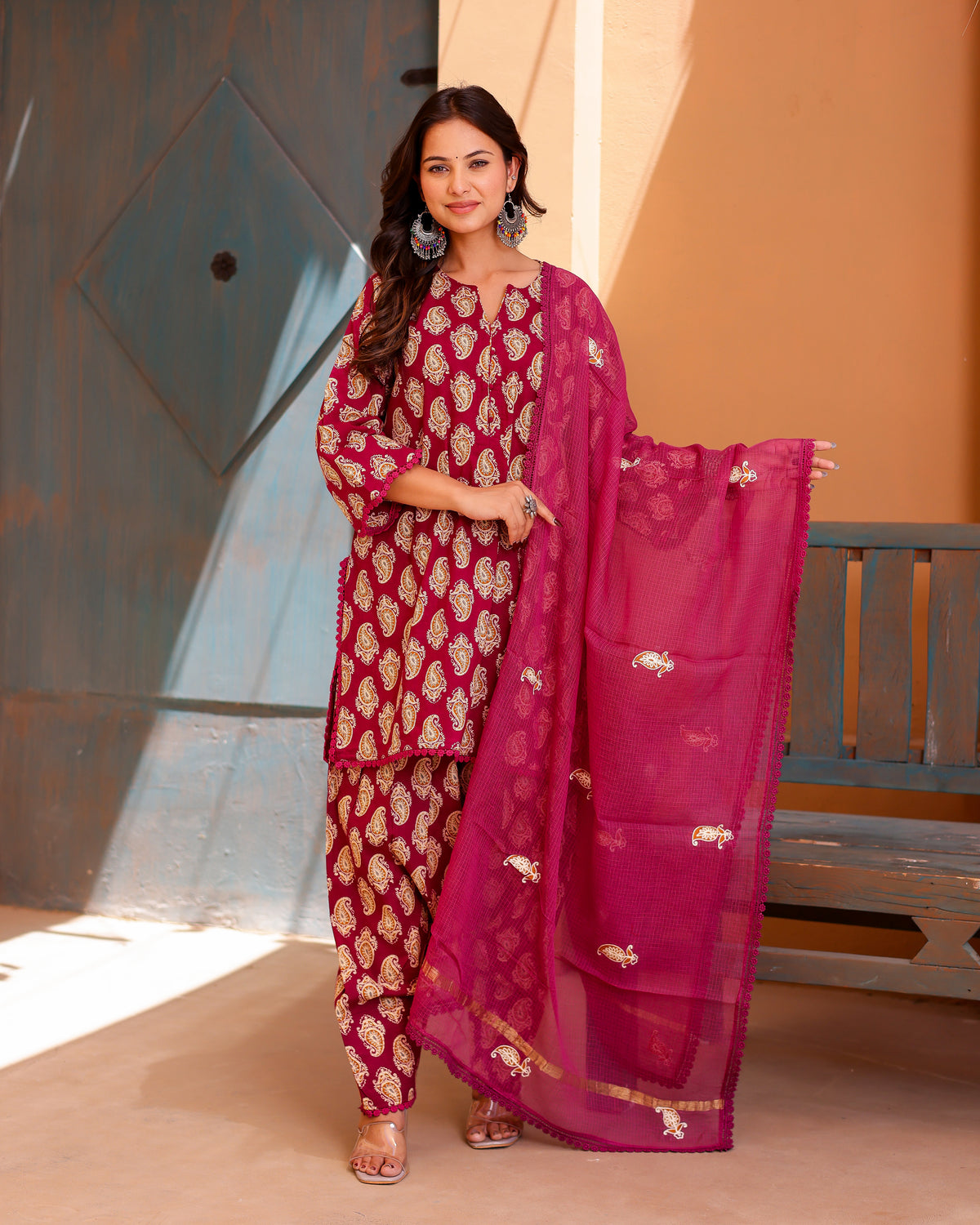 magenta paisley handblock kurta suit set - Asrumo