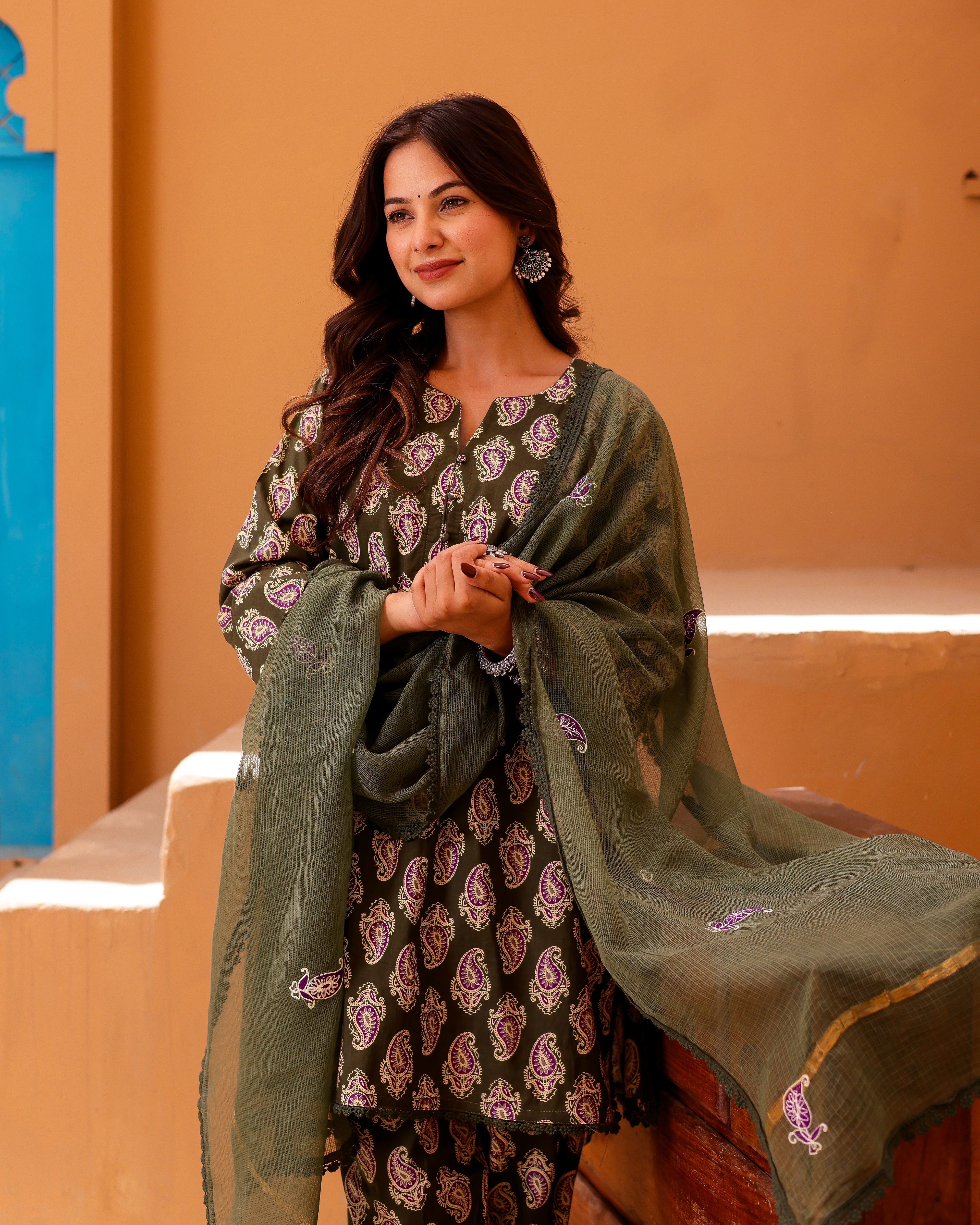 Mehndi Green Paisley Handblock Suit Set - 001A0926.JPG