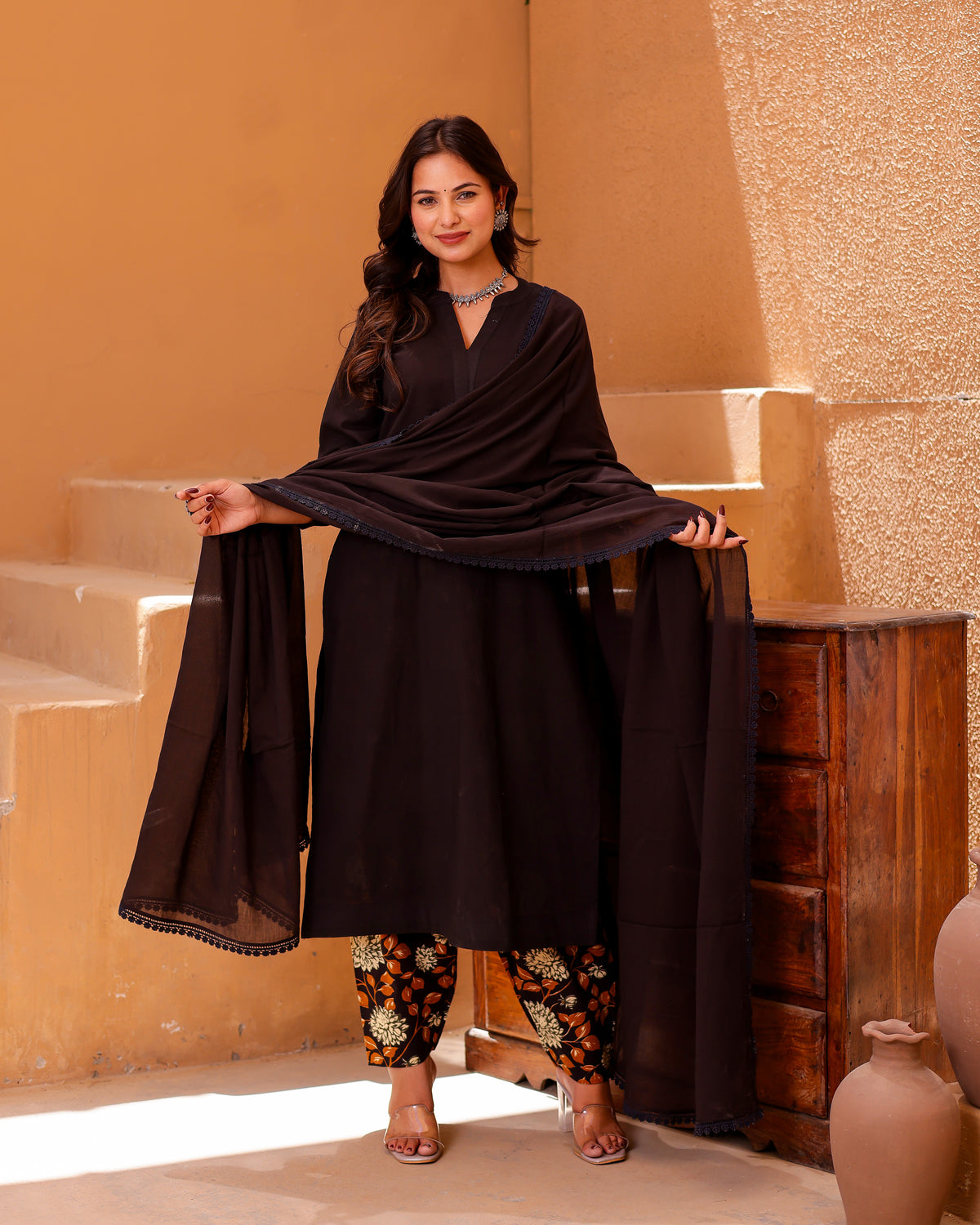 Black hand block print suit set - Asrumo