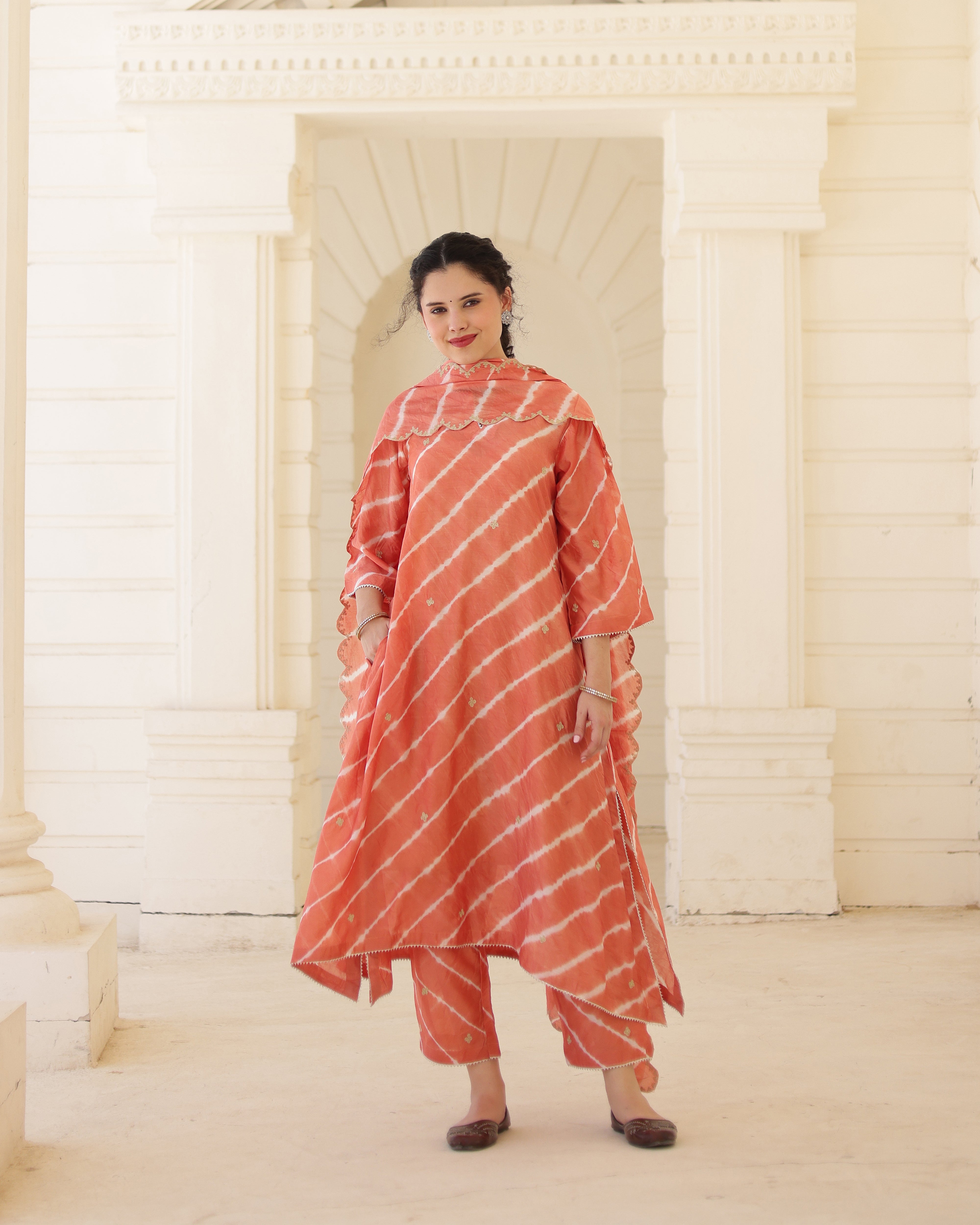 Terracotta Chanderi Hand Dyed Leheriya Kurta Set with Zari Embroidery