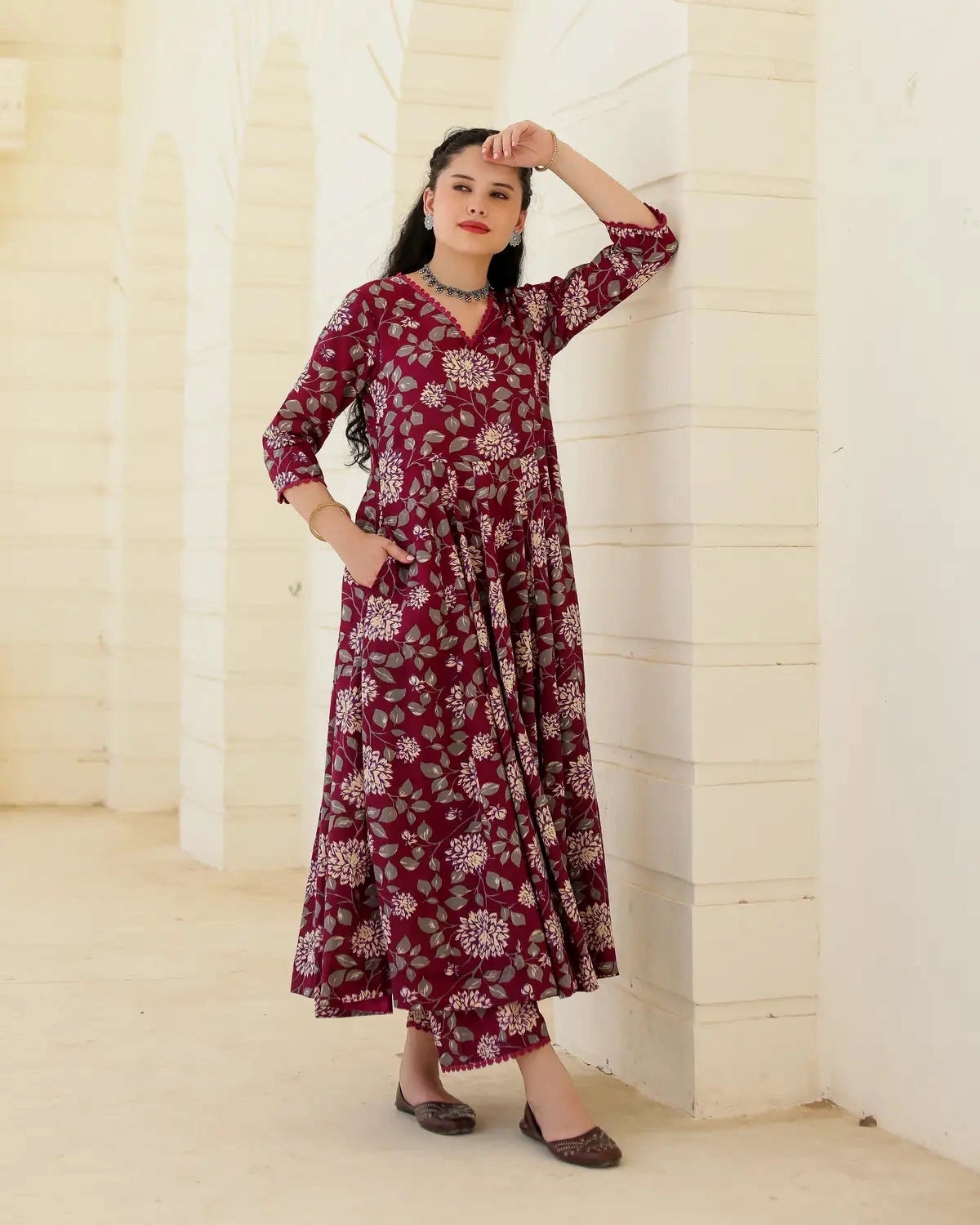 Asrumo Burgundy Bloom handblock cotton floral Anarkali suit set with Doriya dupatta