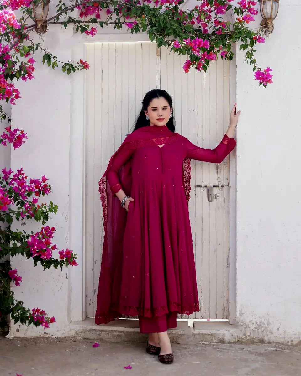 Dahlia Magenta Cotton Mulmul Taari Embroidered Anarkali Suit Set - AS-TTME-9 (5)