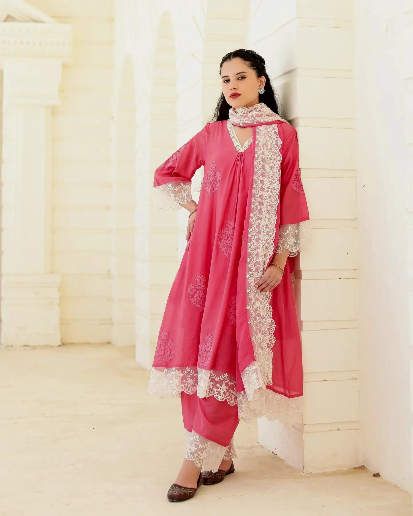 Asrumo Roseline pink Chanderi Aari embroidered suit set with floral lace dupatta