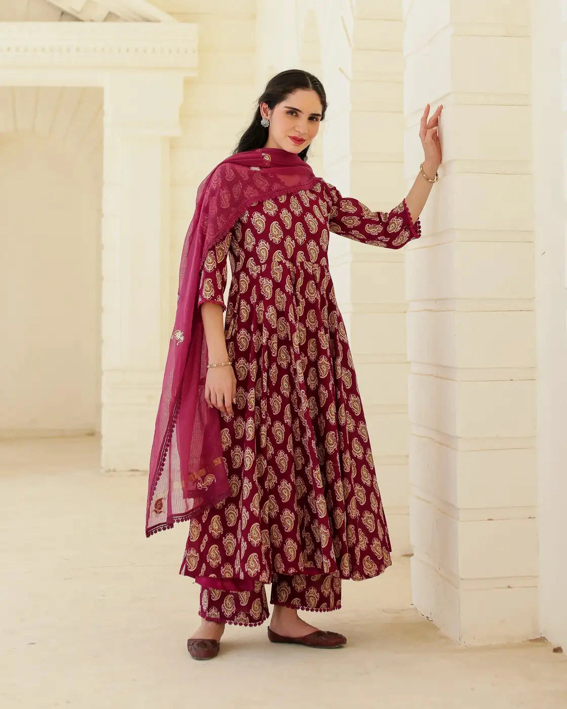 Asrumo Royal Paisley handblock cotton Anarkali suit set with Kota Doria dupatta