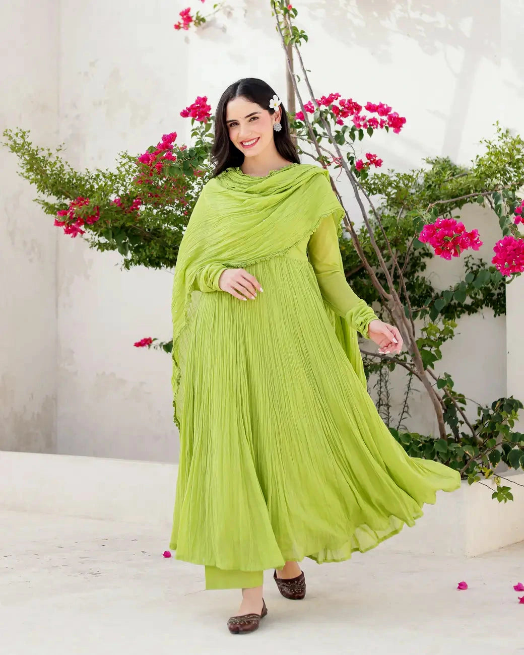 Asrumo pistachio green cotton mulmul Anarkali set with textured draped dupatta
