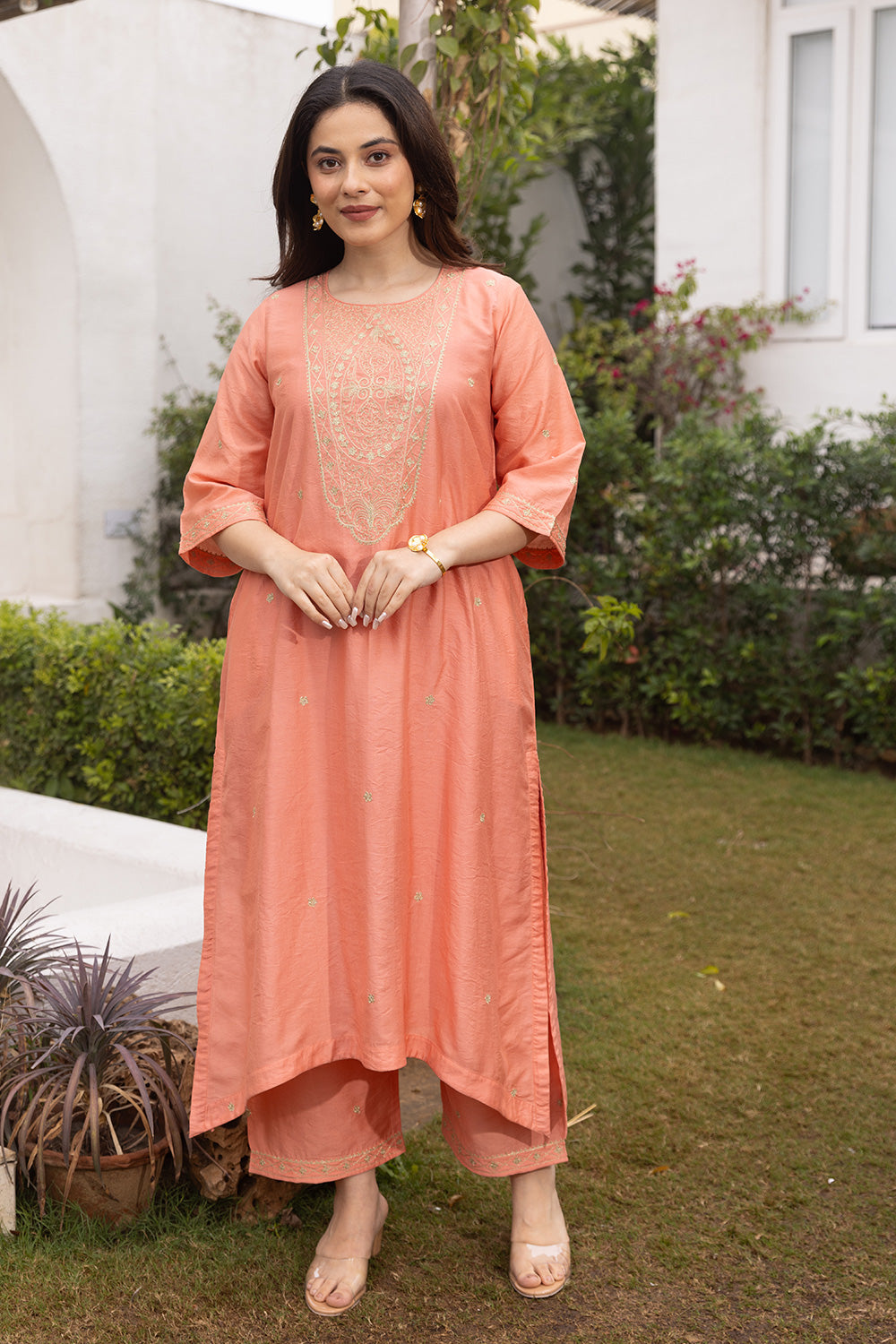 Peach color chanderi zari work straight set