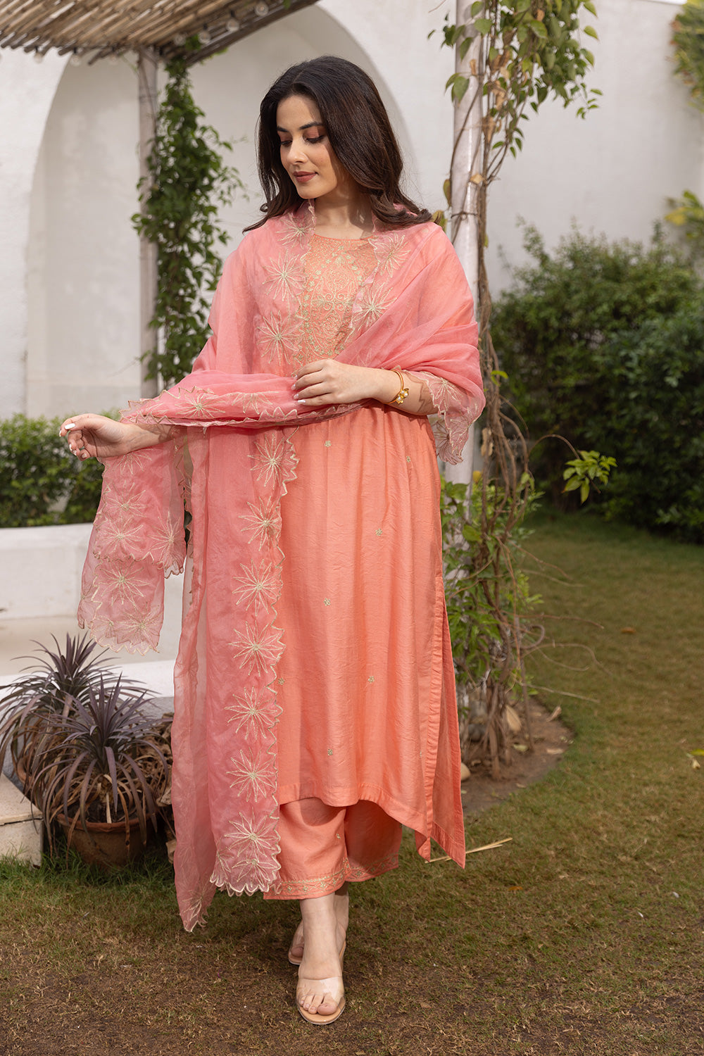 Peach color chanderi zari work straight set