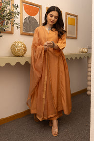 Orange chanderi suit with doriya dupatta