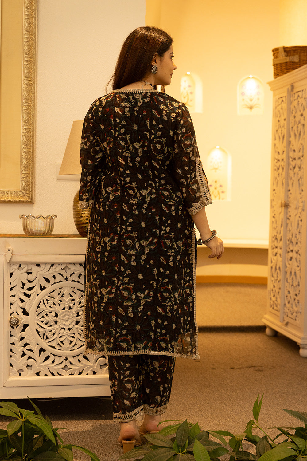 Black handblock chanderi suit with a zari embroidered cut work organza dupatta