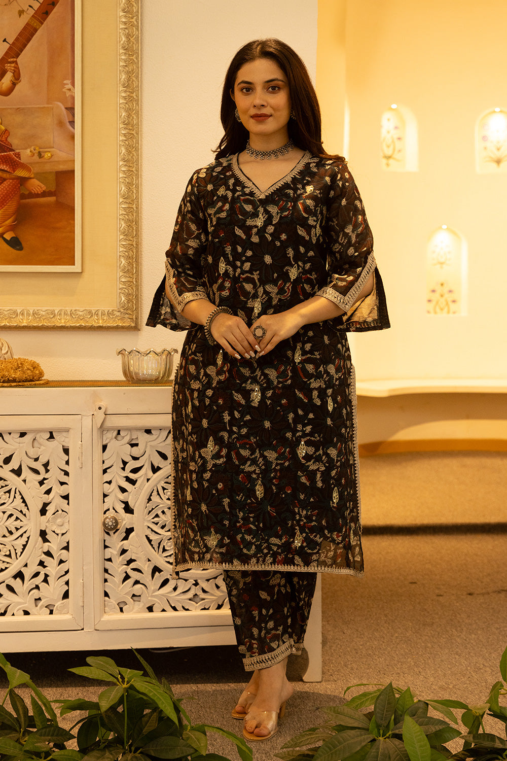 Black handblock chanderi suit with a zari embroidered cut work organza dupatta