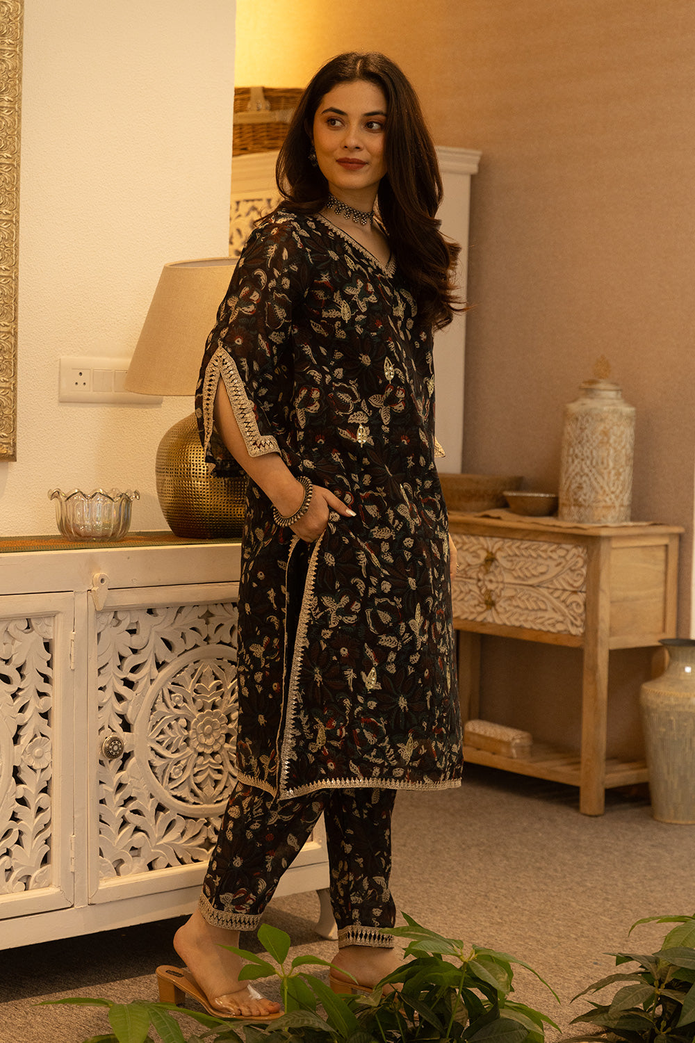 Black handblock chanderi suit with a zari embroidered cut work organza dupatta