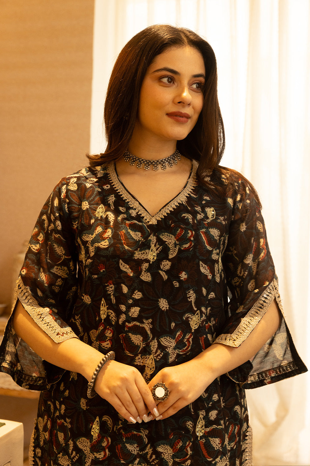 Black handblock chanderi suit with a zari embroidered cut work organza dupatta