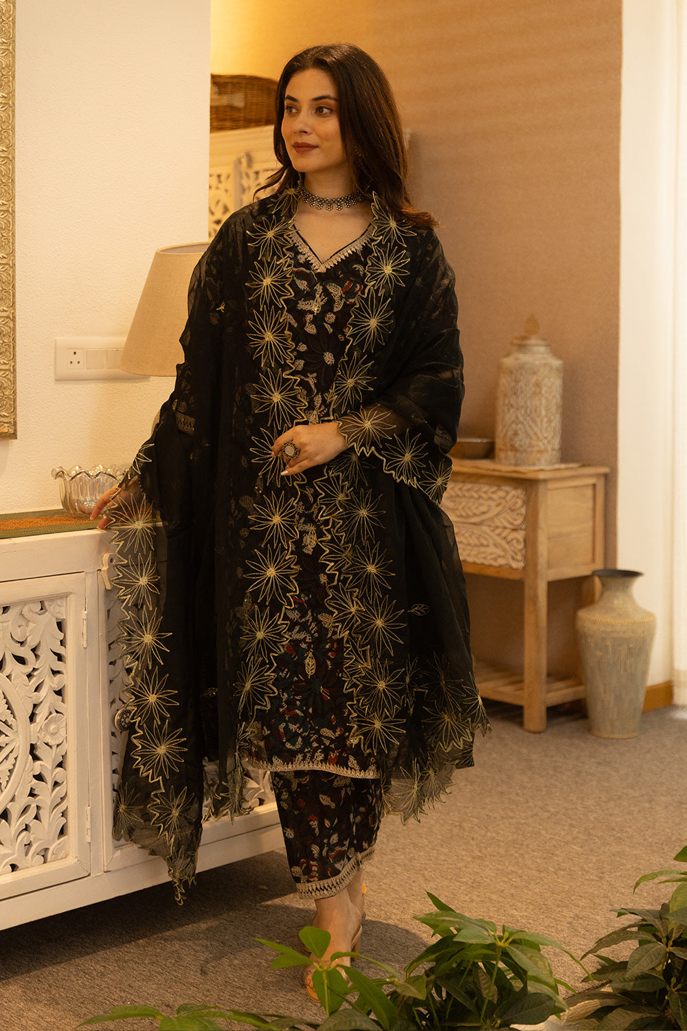 Black handblock chanderi suit with a zari embroidered cut work organza dupatta