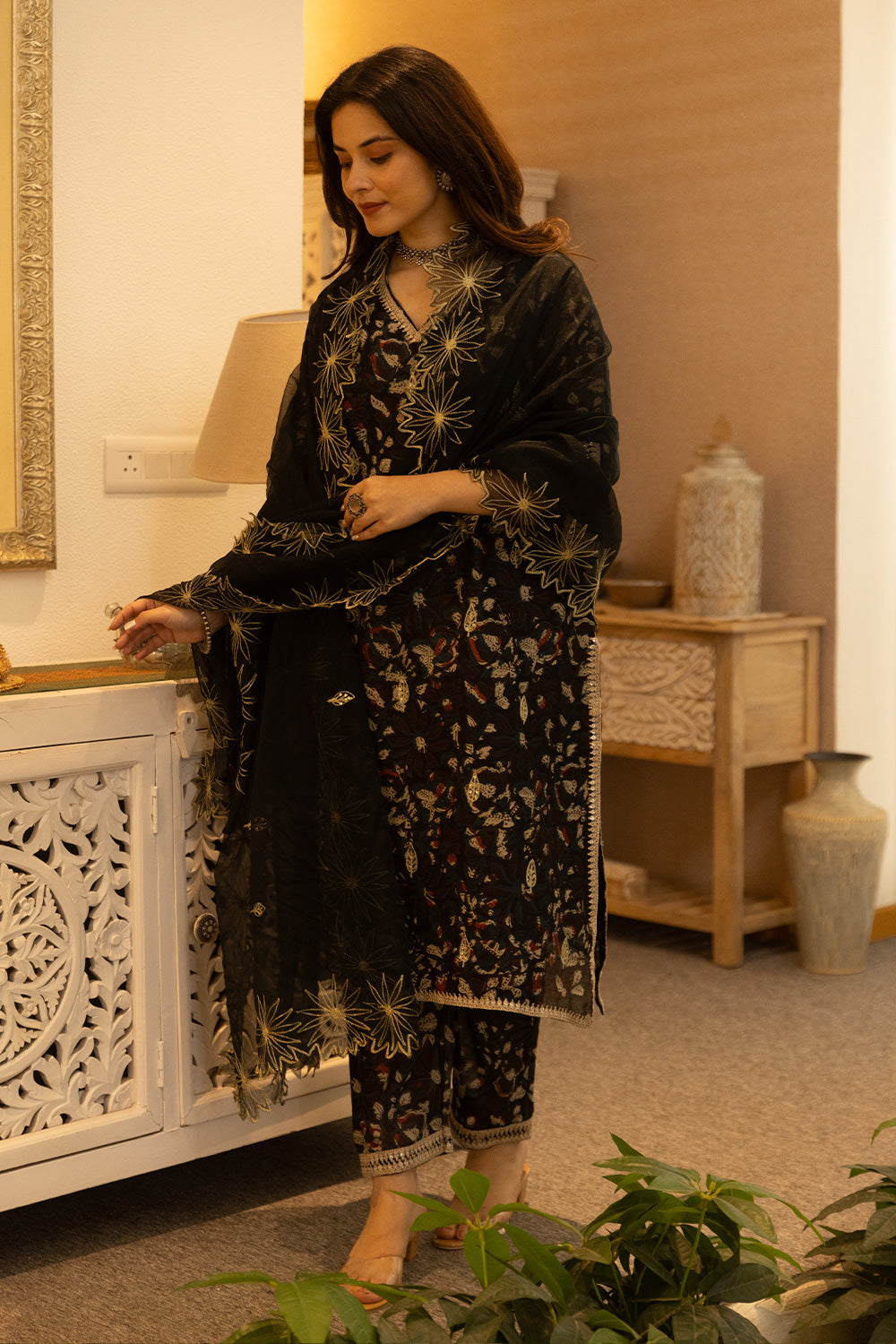 Black handblock chanderi suit with a zari embroidered cut work organza dupatta