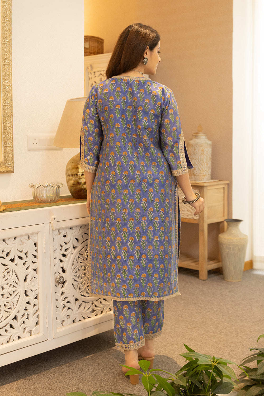 Blue handblock chanderi suit with a zari embroidered cut work organza dupatta