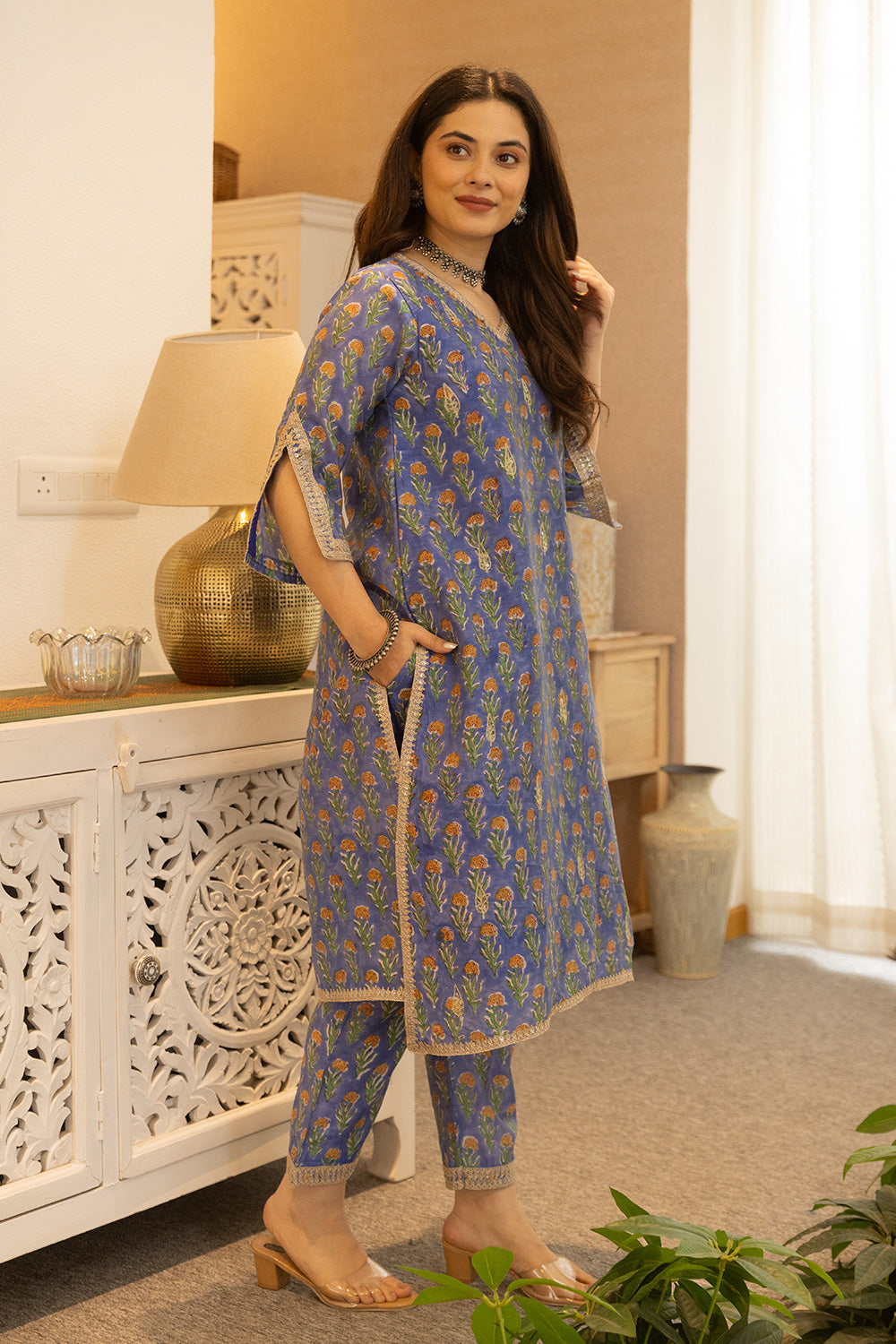 Blue handblock chanderi suit with a zari embroidered cut work organza dupatta