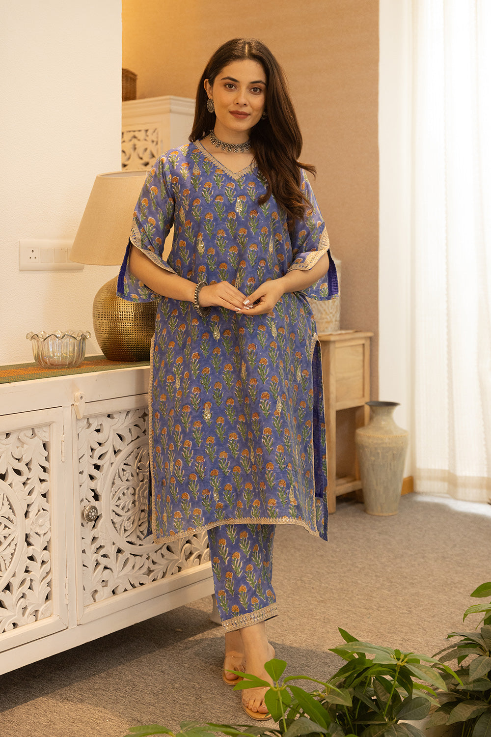 Blue handblock chanderi suit with a zari embroidered cut work organza dupatta