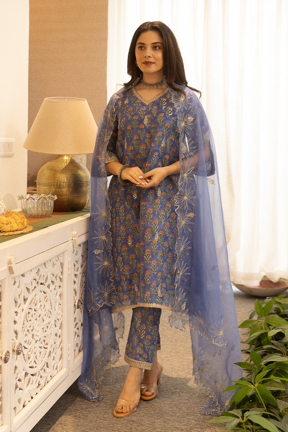Blue handblock chanderi suit with a zari embroidered cut work organza dupatta
