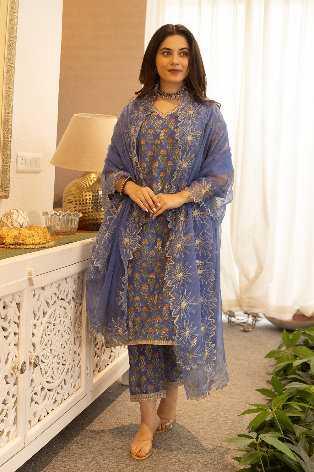 Blue handblock chanderi suit with a zari embroidered cut work organza dupatta