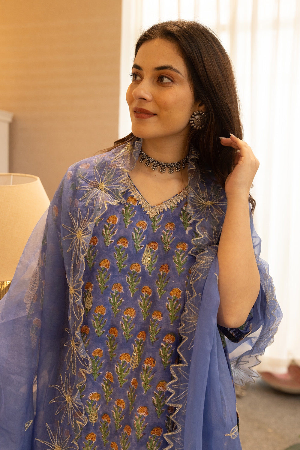 Blue handblock chanderi suit with a zari embroidered cut work organza dupatta