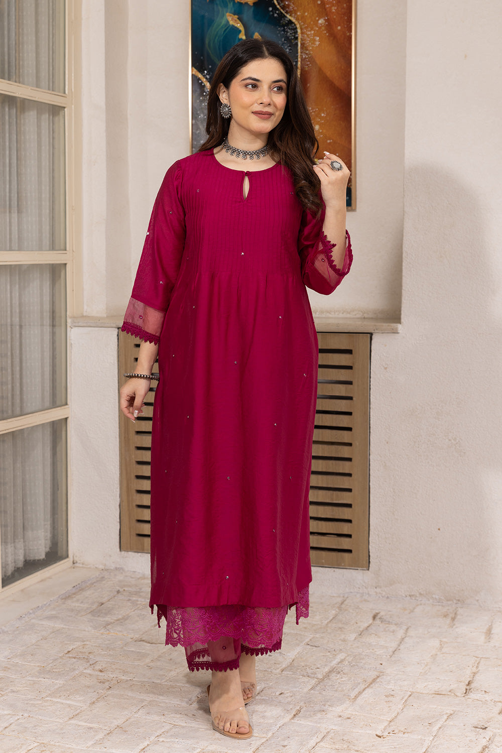 Magenta mirror work chanderi suit with doriya dupatta
