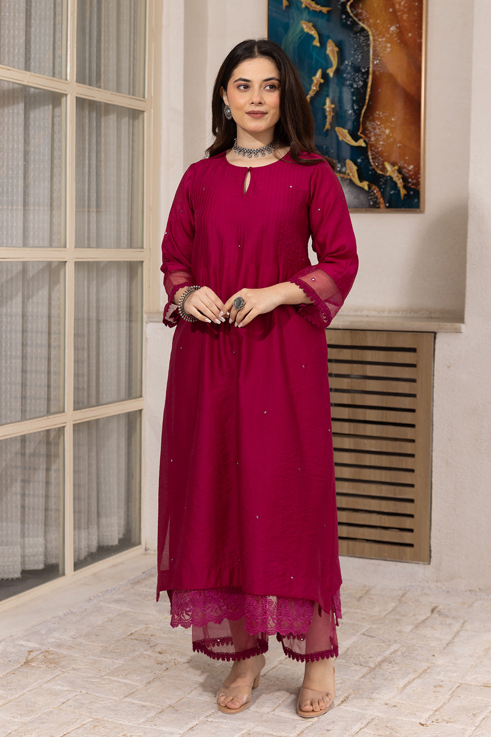Magenta mirror work chanderi suit with doriya dupatta