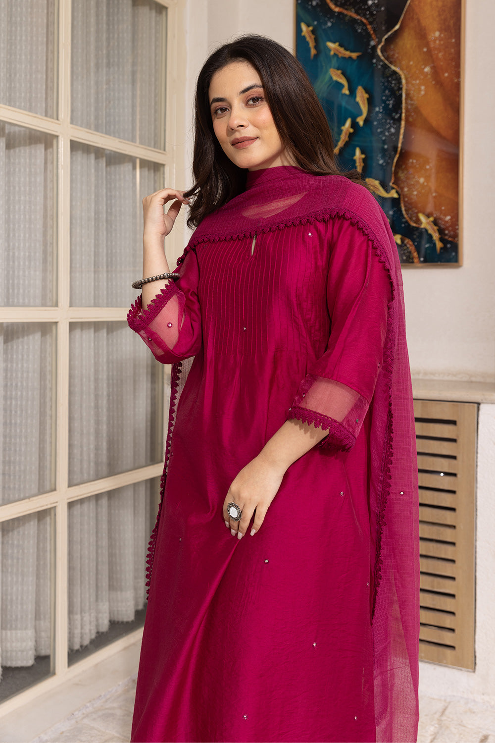 Magenta mirror work chanderi suit with doriya dupatta