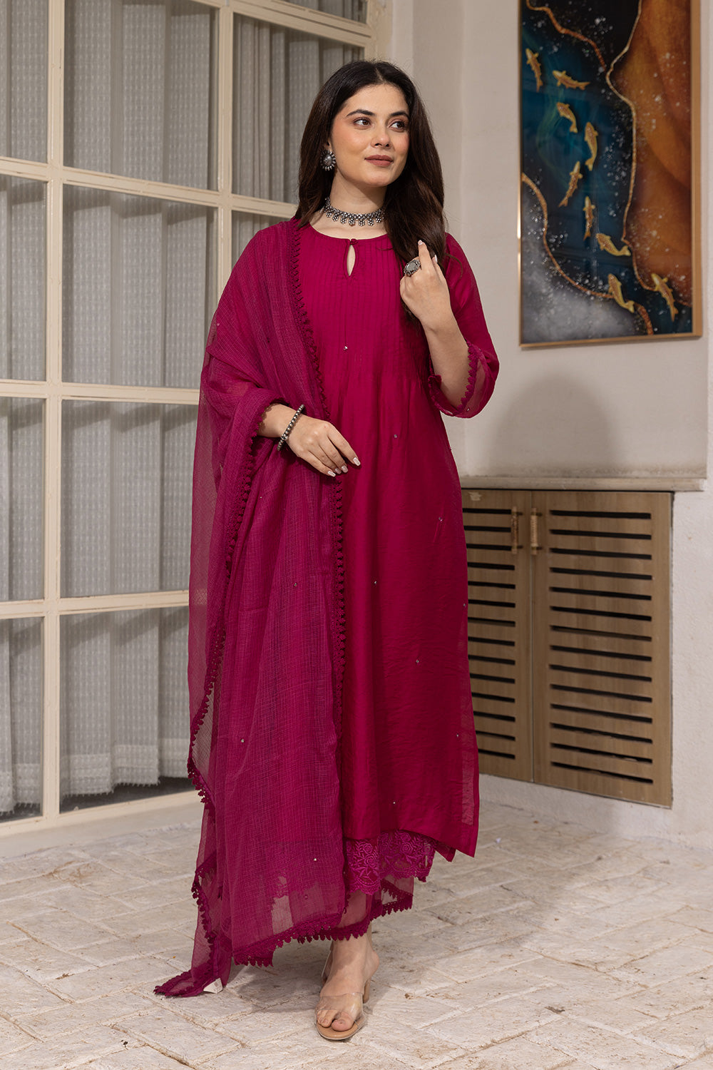Magenta mirror work chanderi suit with doriya dupatta