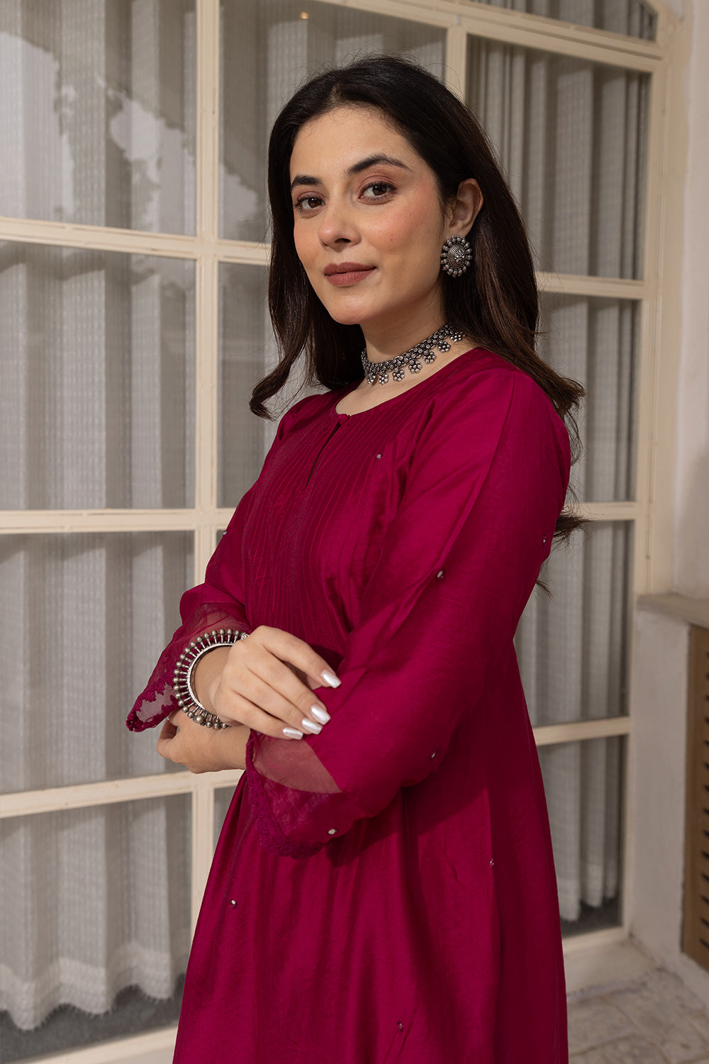 Magenta mirror work chanderi suit with doriya dupatta