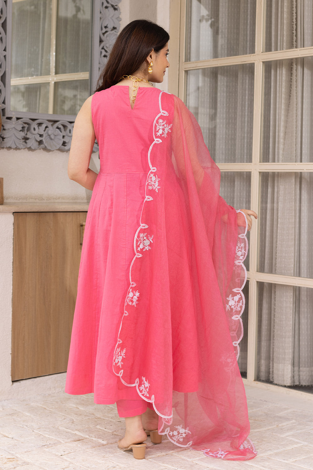 Pink cotton anarkali with an embroidered organza dupatta
