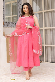 Pink cotton anarkali with an embroidered organza dupatta