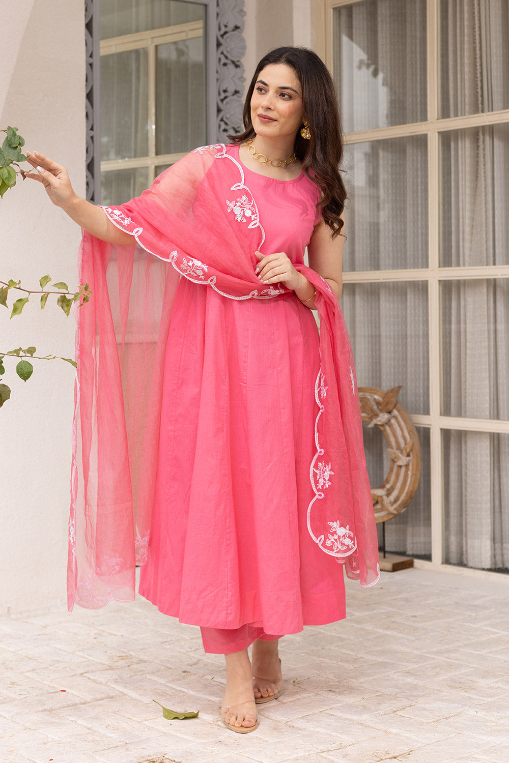 Pink cotton anarkali with an embroidered organza dupatta