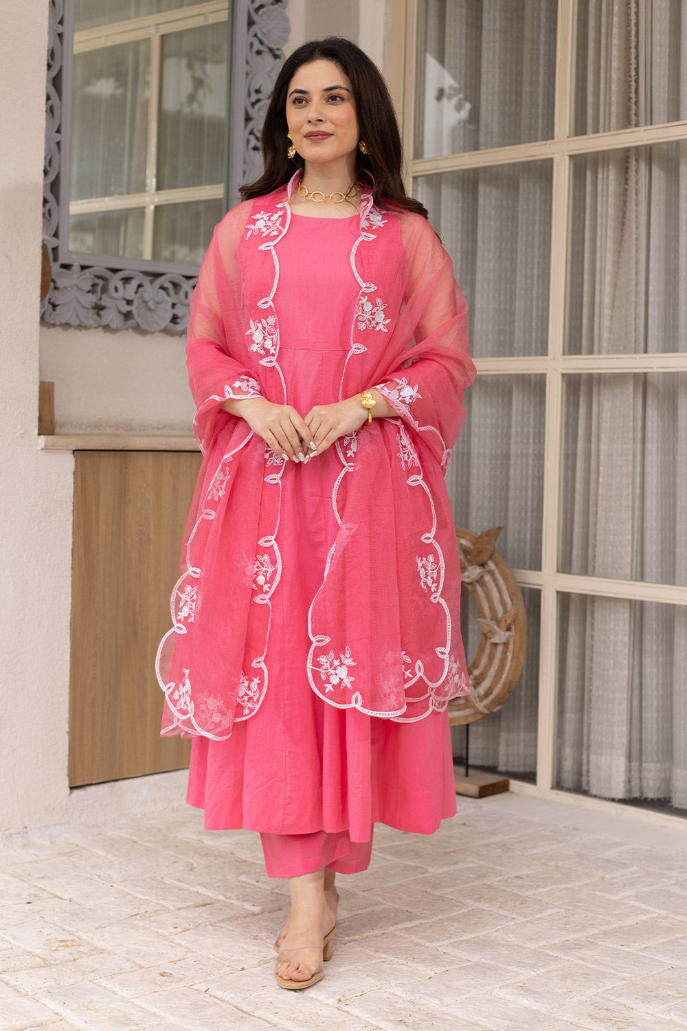 Pink cotton anarkali with an embroidered organza dupatta