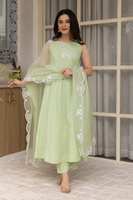 Pista cotton anarkali with an embroidered organza dupatta