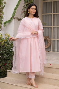 Pink cotton suit with an embroidered scalloped organza dupatta