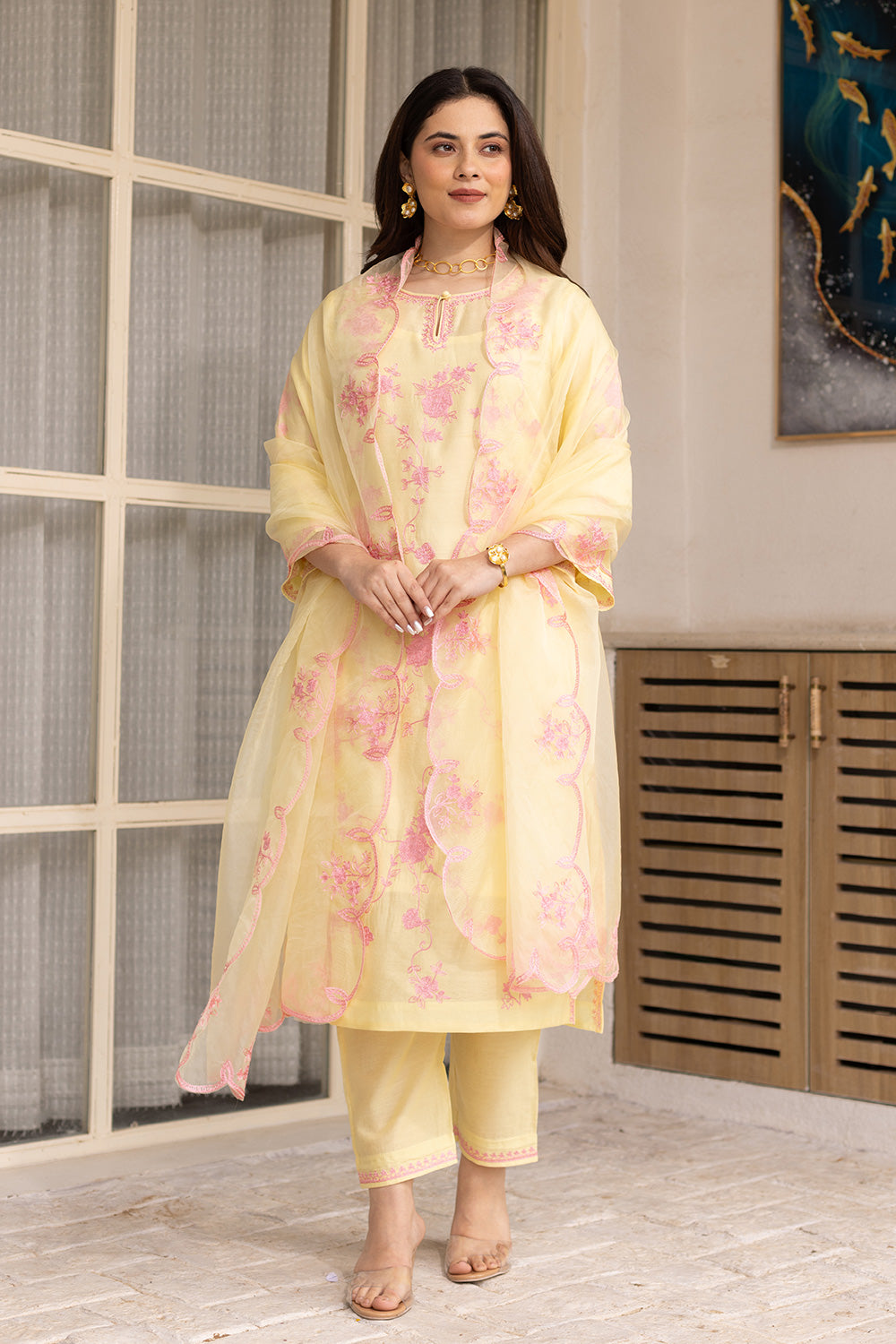 Yellow chanderi pink embroidered suit with matching organza dupatta