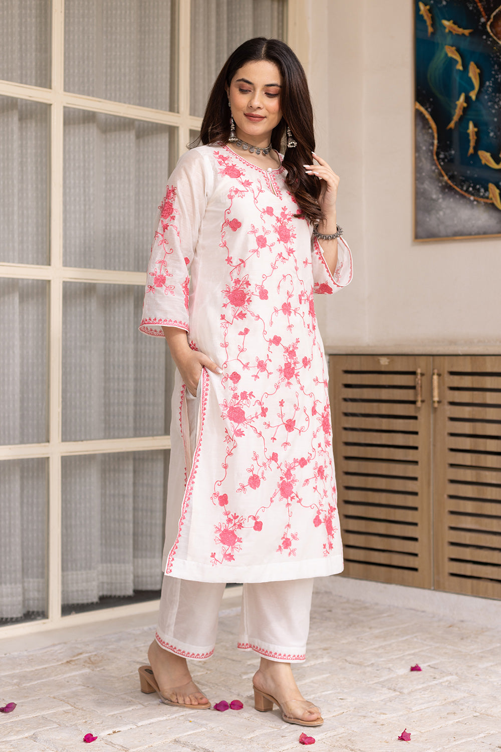 White chanderi pink embroidered suit with matching organza dupatta