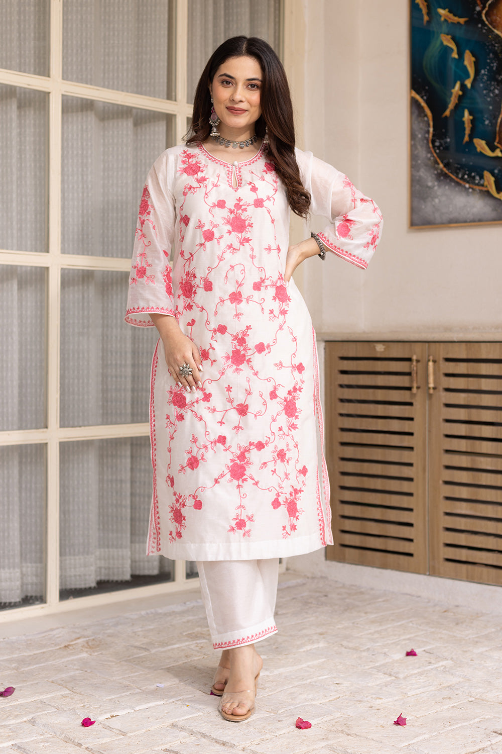 White chanderi pink embroidered suit with matching organza dupatta