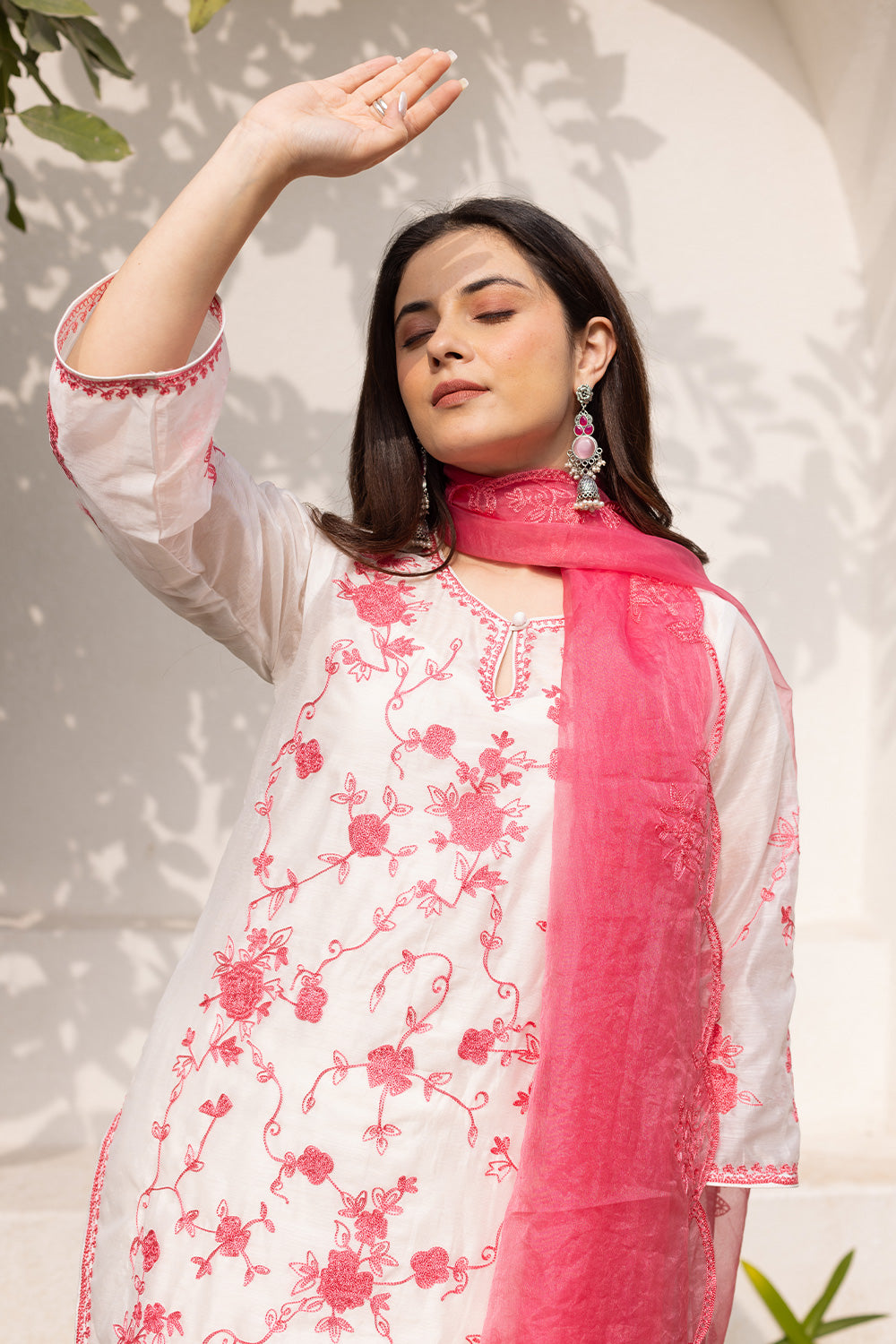 White chanderi pink embroidered suit with matching organza dupatta