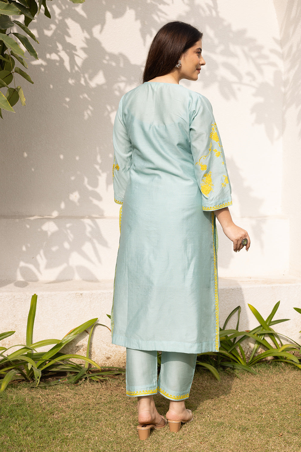 Mint chanderi yellow embroidered suit with matching organza dupatta
