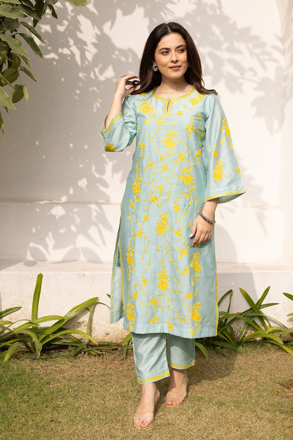 Mint chanderi yellow embroidered suit with matching organza dupatta