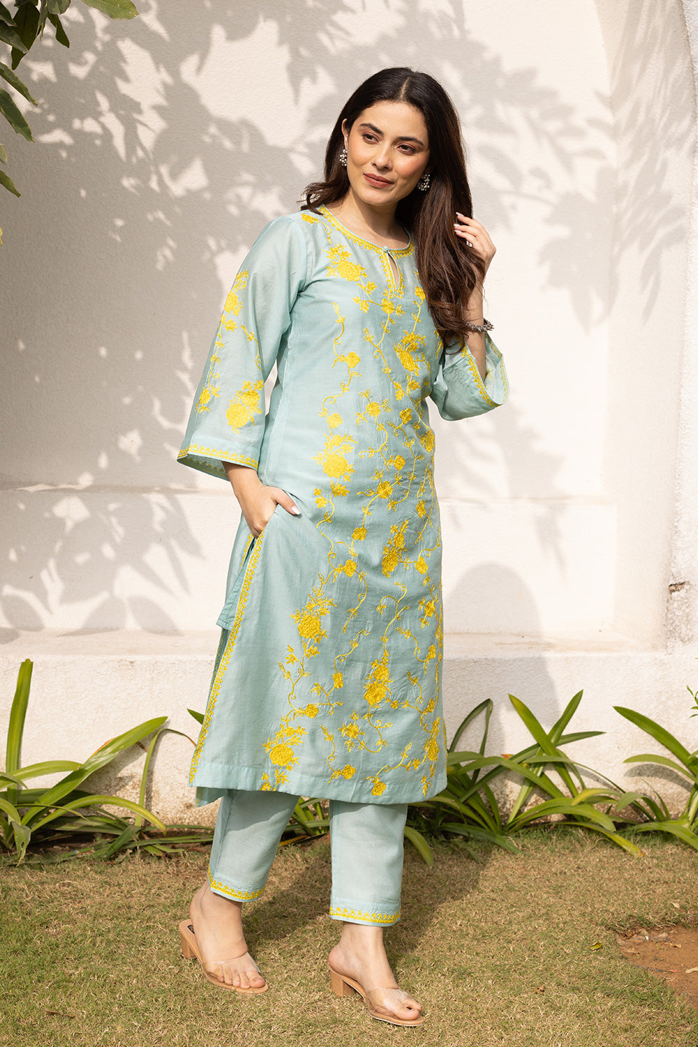 Mint chanderi yellow embroidered suit with matching organza dupatta
